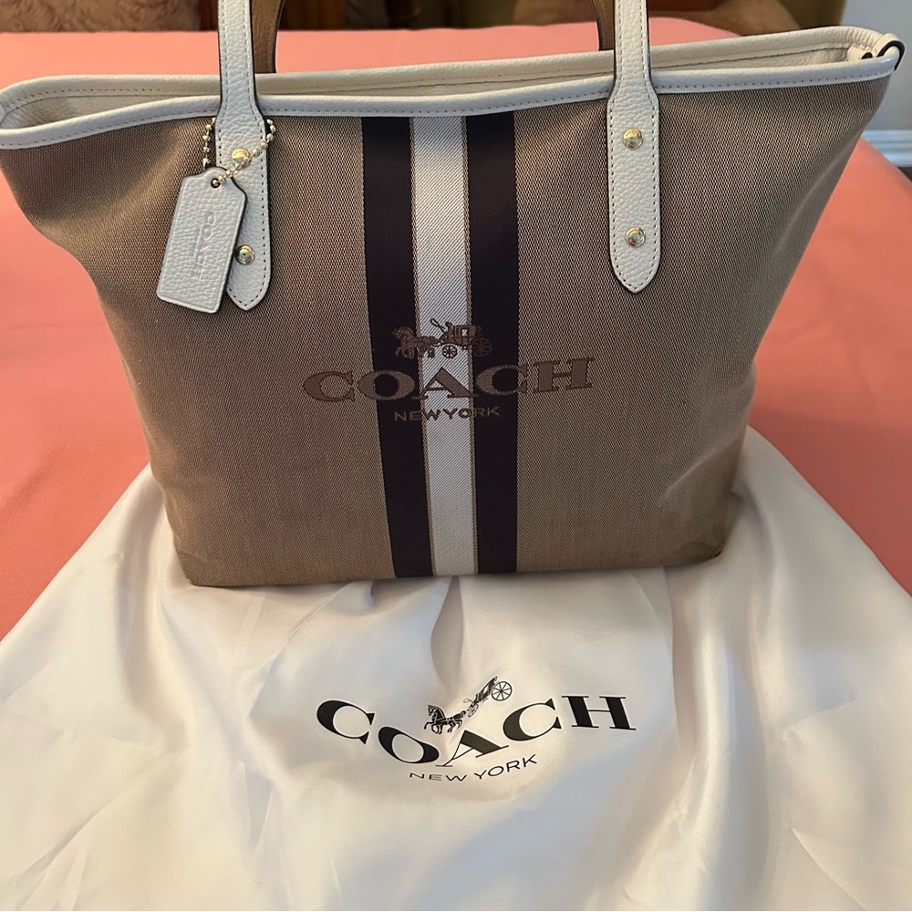 Coach Taupe Canvas Tote with White Trim and Dark Brown Stripes